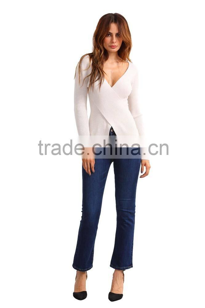 garment factory in china plain v-neck low neckline front split long sleeve skinny sweater women 2016