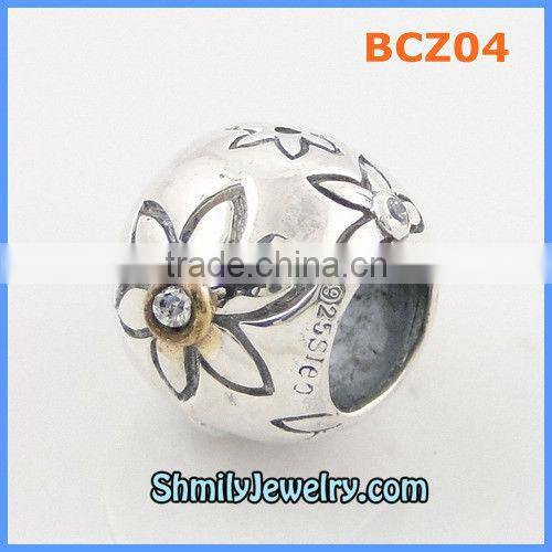 Wholesale 925 Sterling Silver CZ Pave Beads With Flower Pattern BCZ03