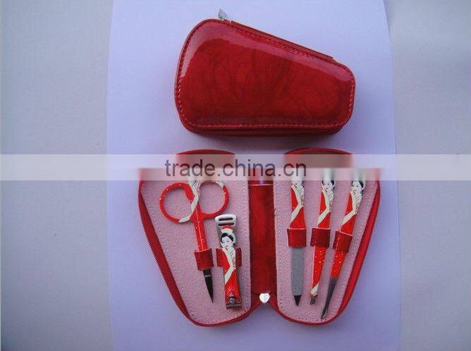 red leather disposable stainless steel manicure set, beauty nail care set 5pcs