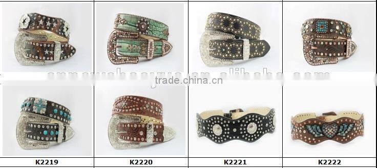 2016 New Design Western rhinestone leather belt with crystals circle chains and studs embedded