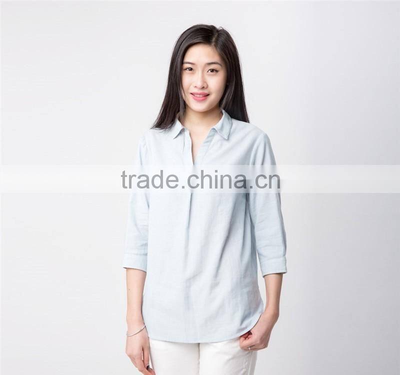 round sweep 3/4 sleeve women cotton blouse oem factory