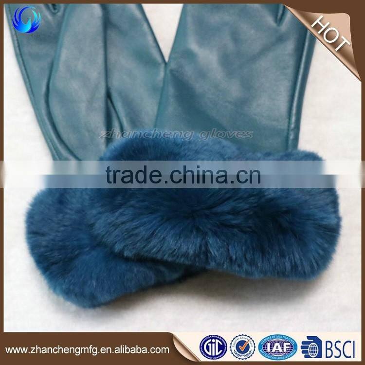 Funky women genuine sheep leather hand gloves with rabbit fur cuff