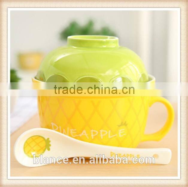 large ceramic soup bowl set with spoon in fruit shape design