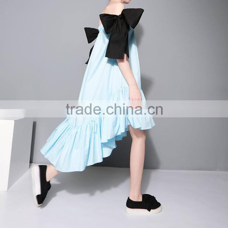 2016 New Multi-wear Big Bow Slash Neck Flouncing Ruffles Hem Strapless Off Shoulder Dress Women Summer