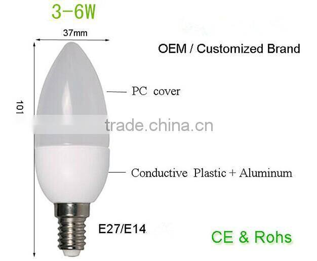 Summer Promotion Ningbo C37 3W 5W 6W LED BULB LIGHTING LED HIGH E27 E14 LED Candle Bulb CE ROHS ERP