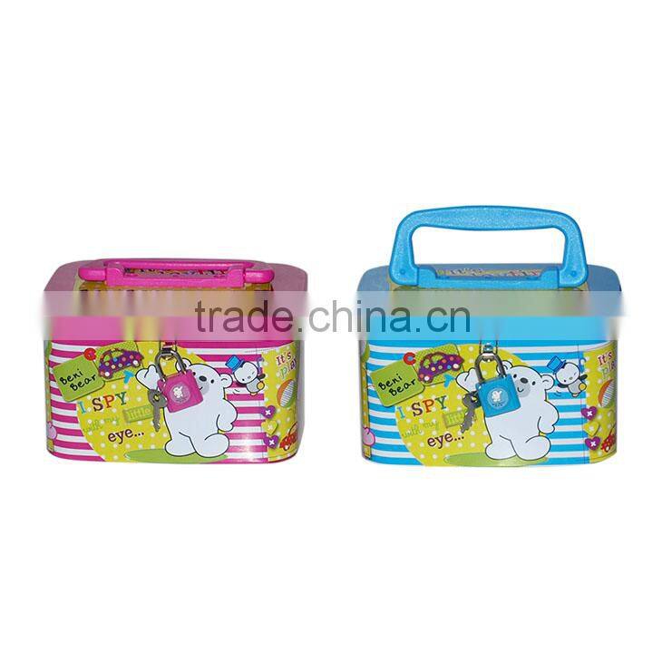 Tinplate money bank with handle and lock