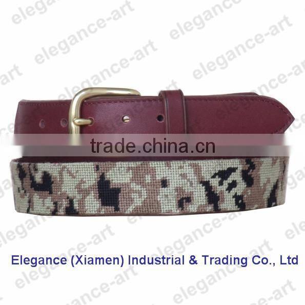 Camouflage needlepoint belt with solid brass buckle