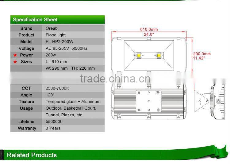 solar high brightness led floodlight 200w with CE Rohs