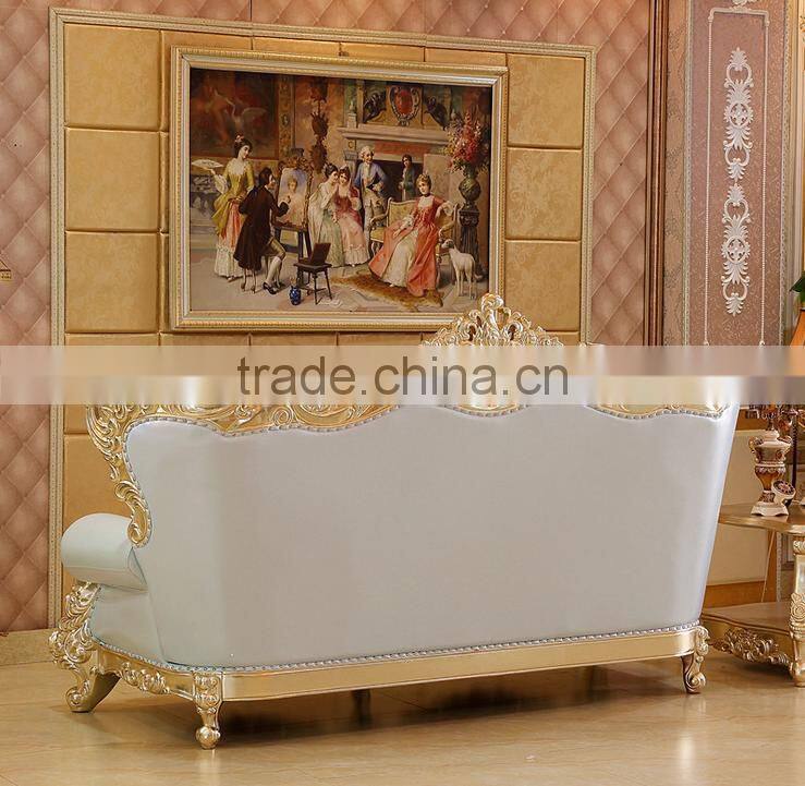 Luxury living furniture wood carving goldfoil light blue genuine leather sofa set