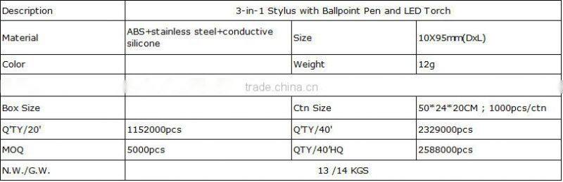 3-in-1 Stylus with Ballpoint Pen and LED Torch/stylus pens with glitter