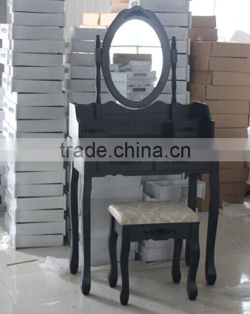 Elegant Black Dressing Table with Stool, 7 Drawers and 1 Oval Mirror