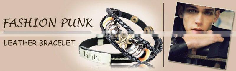 Silver Plated Stainless Steel Charms with Black Leather for Men Magnetic Bracelet