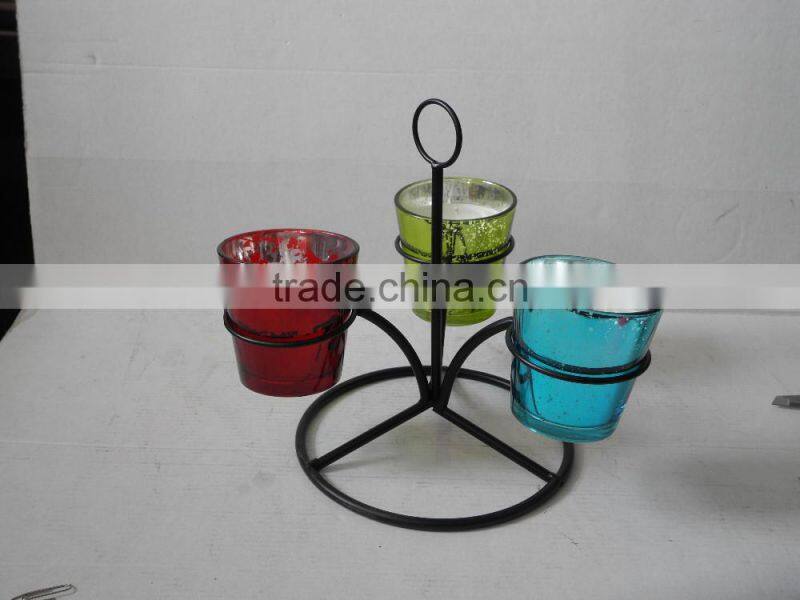 3 pcs colored electroplating glass candlestick with iron stand