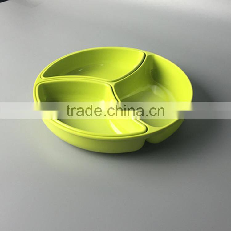 round black compartment dinner melamine as ceramic divided plate for restaurant soy sauce