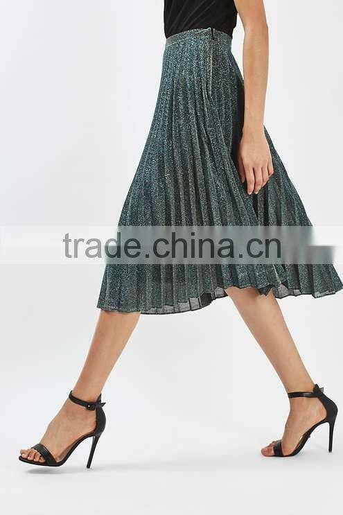 Pleated skirt women clothing factory new designs 2017 shiny long skirt