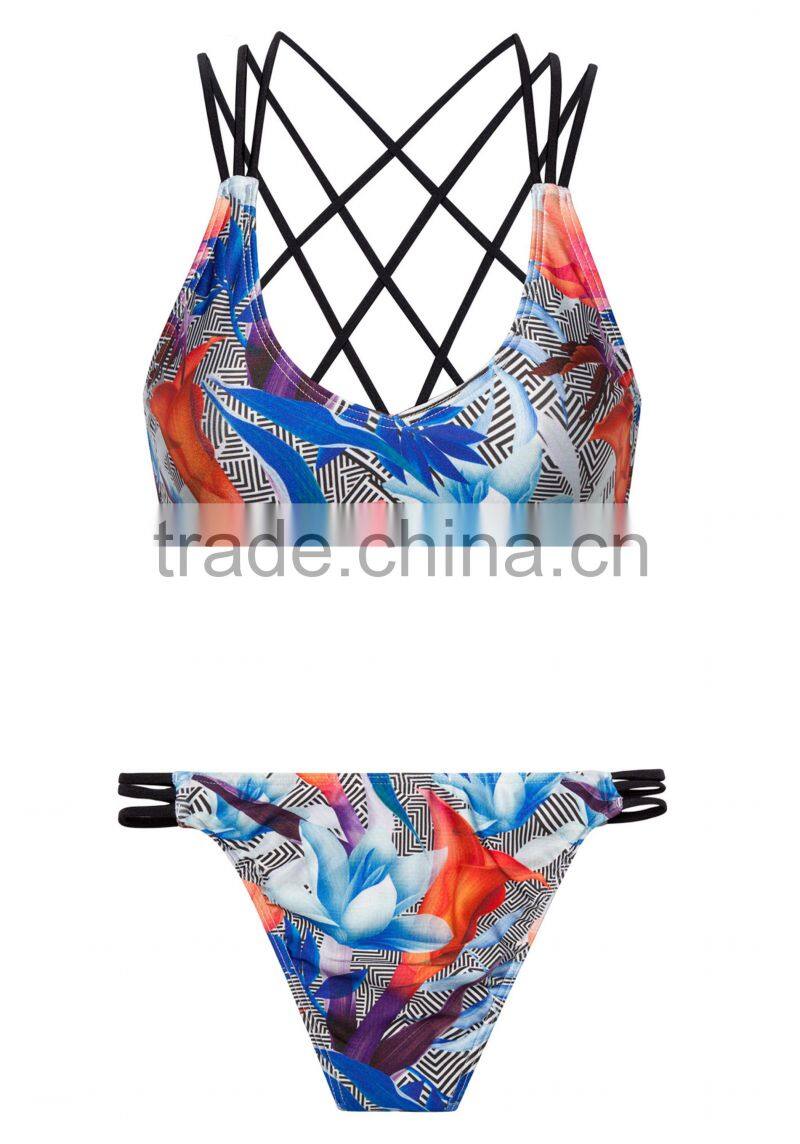 ladies fashion print and cross strap bikini