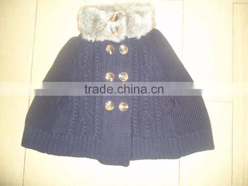 2016 winter fur collar cable knitted baby sweater ponchos