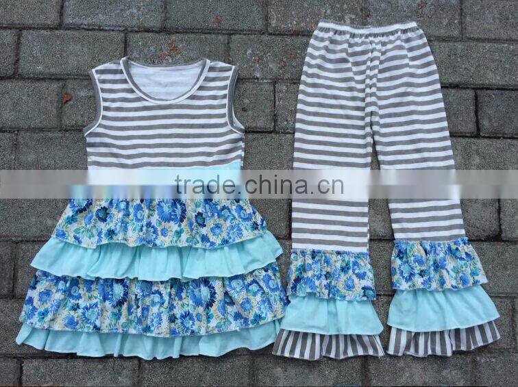 2016 Hot Sale Girls Pajama fashion christmas ruffle striped outfits Baby Sleeping Clothes Top and Pants set