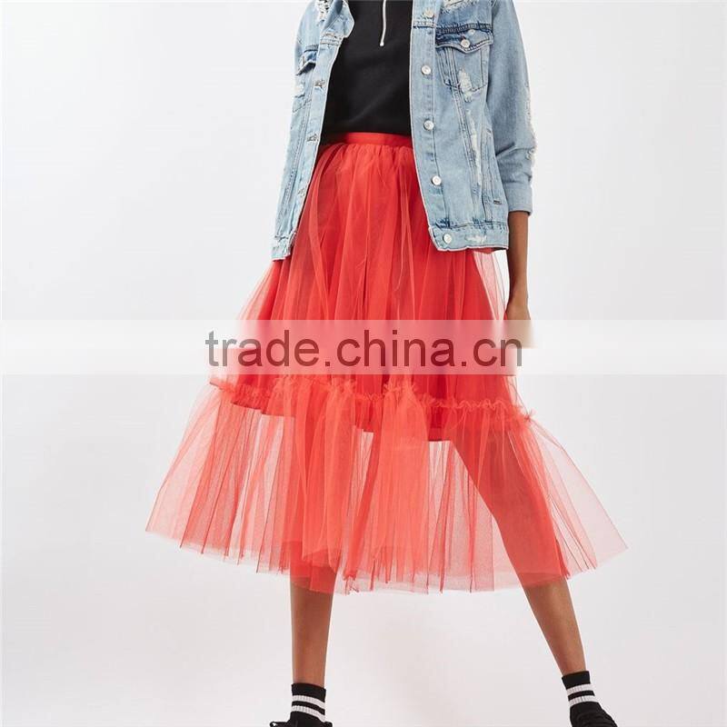 2017 OEM Spring Red Flowy Giant Tutu Tulle Below The Knee Skirts