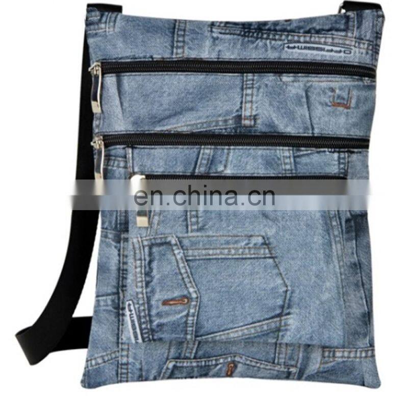 Blue Three Pocket Zipper Cheap Denim Passport Bag