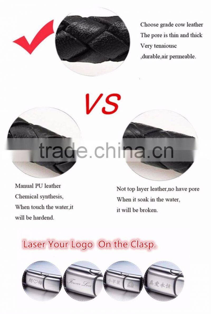 Customized Laser Engrave Logo Bio Magnetic Leather Bracelet Braided Mens Leather Bracelet