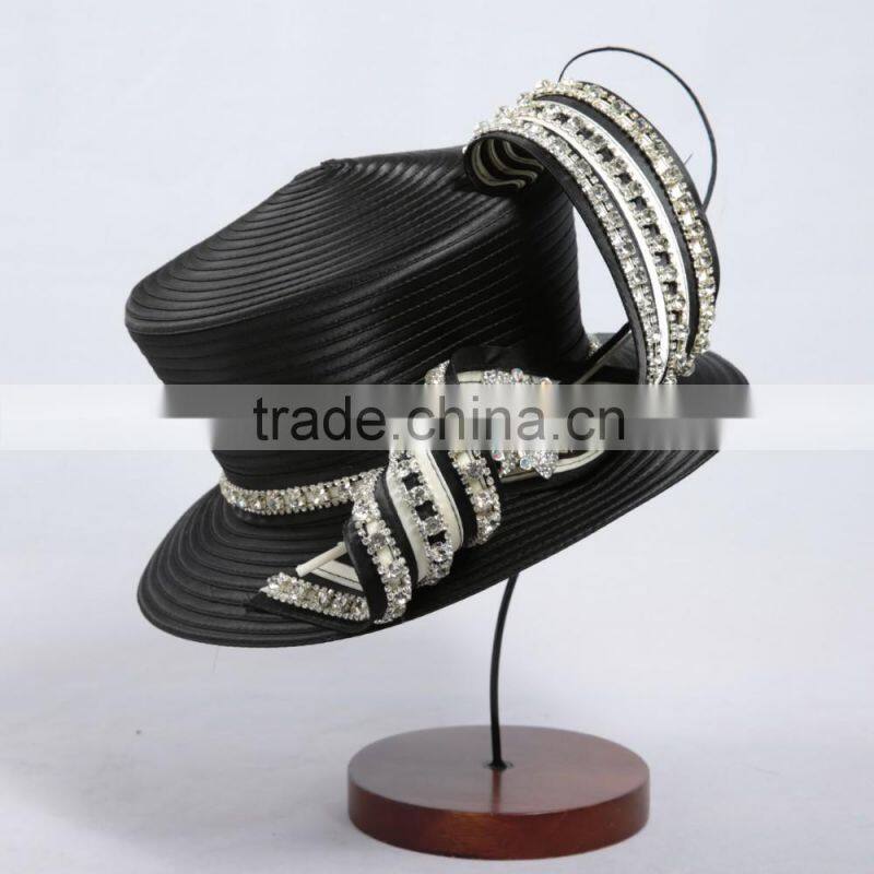 Black Satin Ribbon Party Women Hat Wholesale Lady Satin Ribbon Church Hat