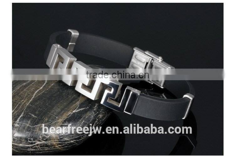 Factory Cool Mens Stainless Steel Hollow Out Greek Key Bracelet Silicone Wristband Great Wall Patterned