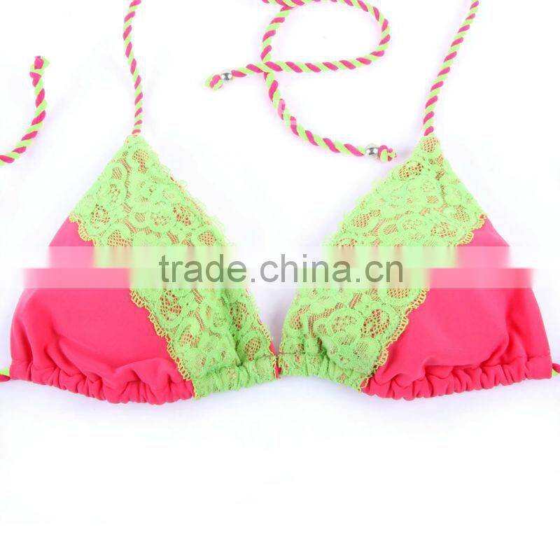 RELLECIGA Triangle Bikini Swimwear - Solid Rose + Green Lace Top with Sexy Scrunch Butt