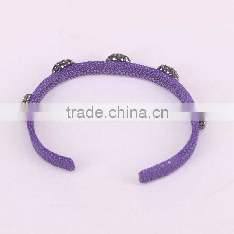Purple Color Fish Skin Bracelet, with Pave Crystal Freshwater Pearl Bead Leather Cuff Bangle