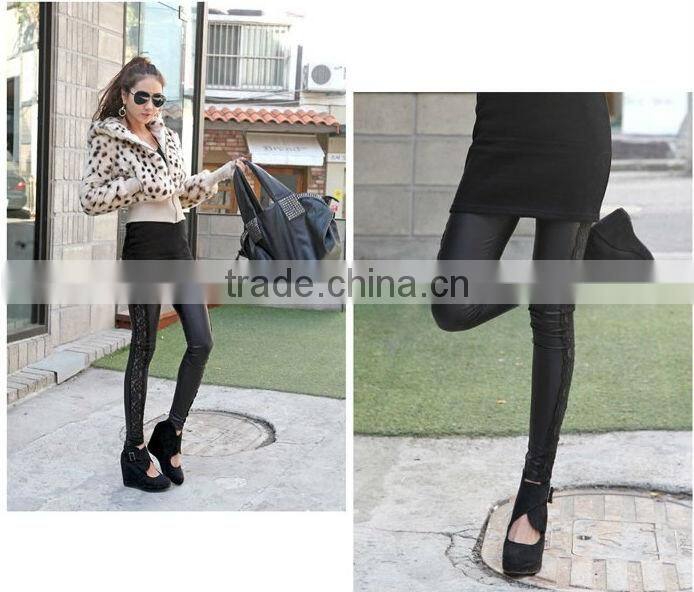 2014 New Hot Sexy Girls Black Faux Leather Leggings With Lace Design Good Breathable Leggings For Women