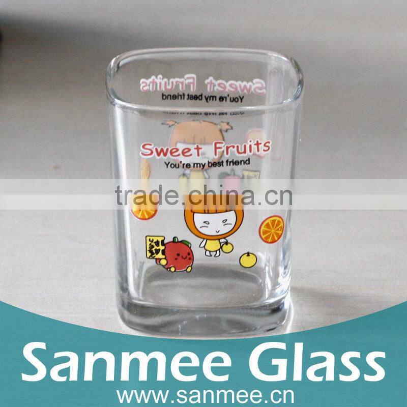 218ml Square Glass Water Cup With Printing Design And Good Quality