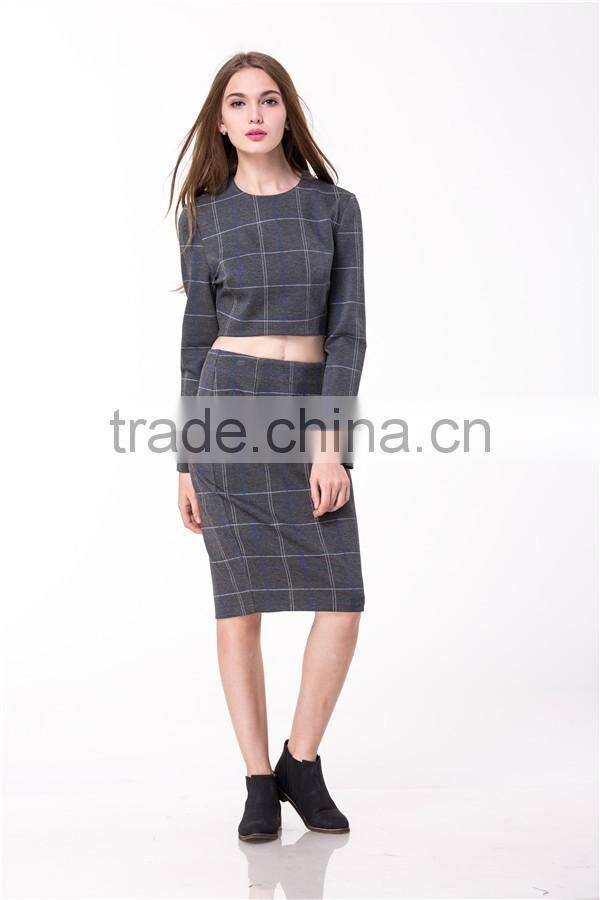 2017 New Arrival Grey Plaid Crop and High Waist Skirt Co-ord Set
