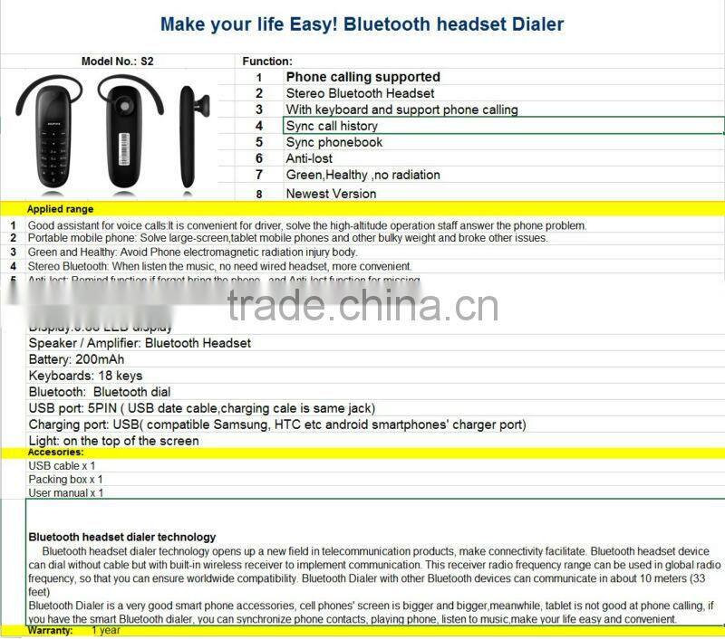 BHNS02 Mobile Phone accessory Bluetooth Headset Dialer