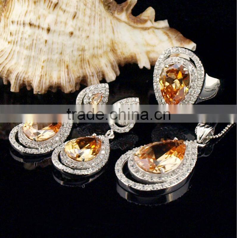 925 sterling silver necklace and earring with Champagne crystal jewelry set
