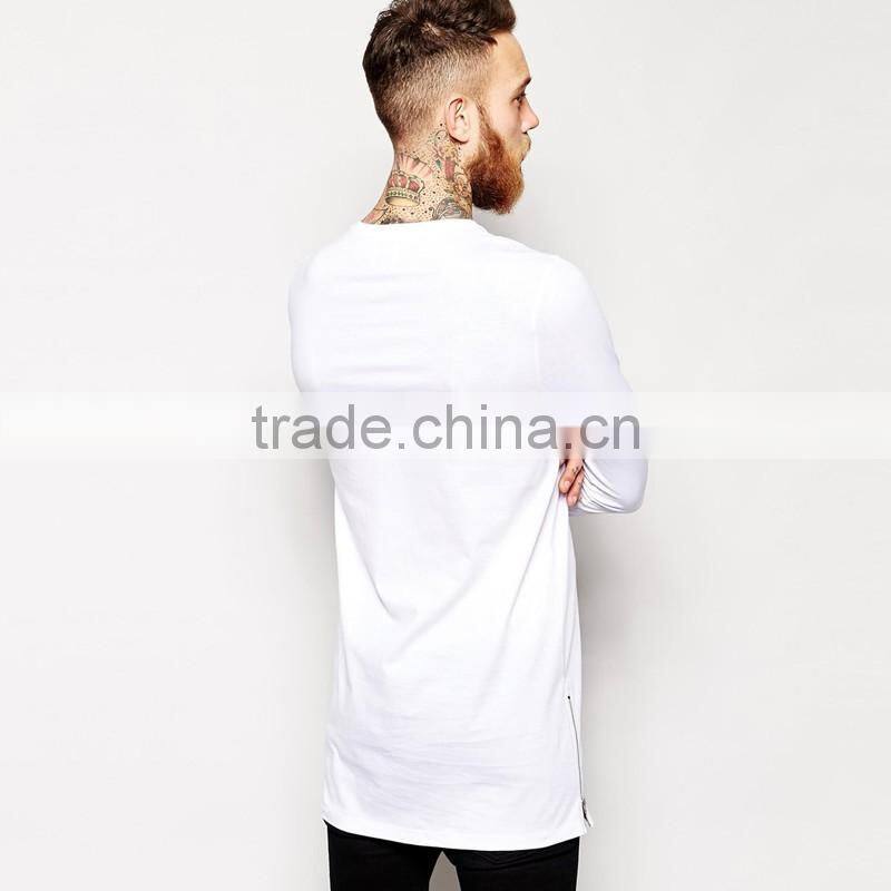 Longline Long Sleeve T Shirt Solid Color Tee With Zipper To The Hem Men's Clothing Tshirt