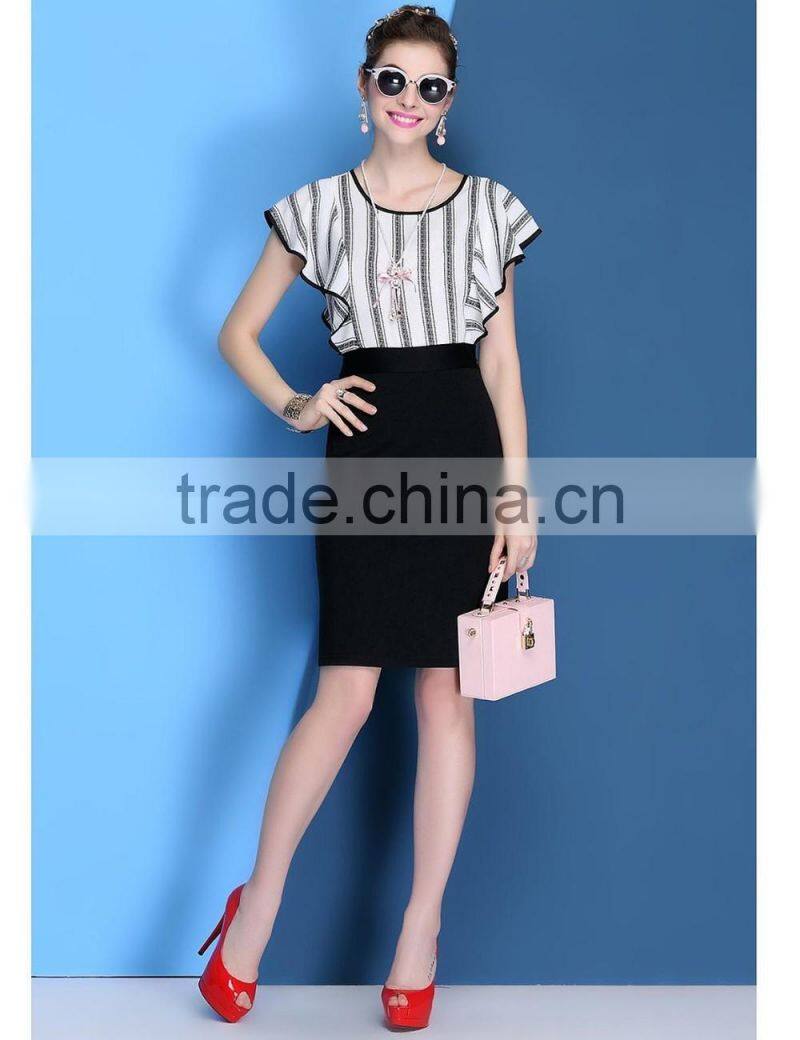 2016 girls summer imitate hemp vertical strip hip package wide sleeve dress