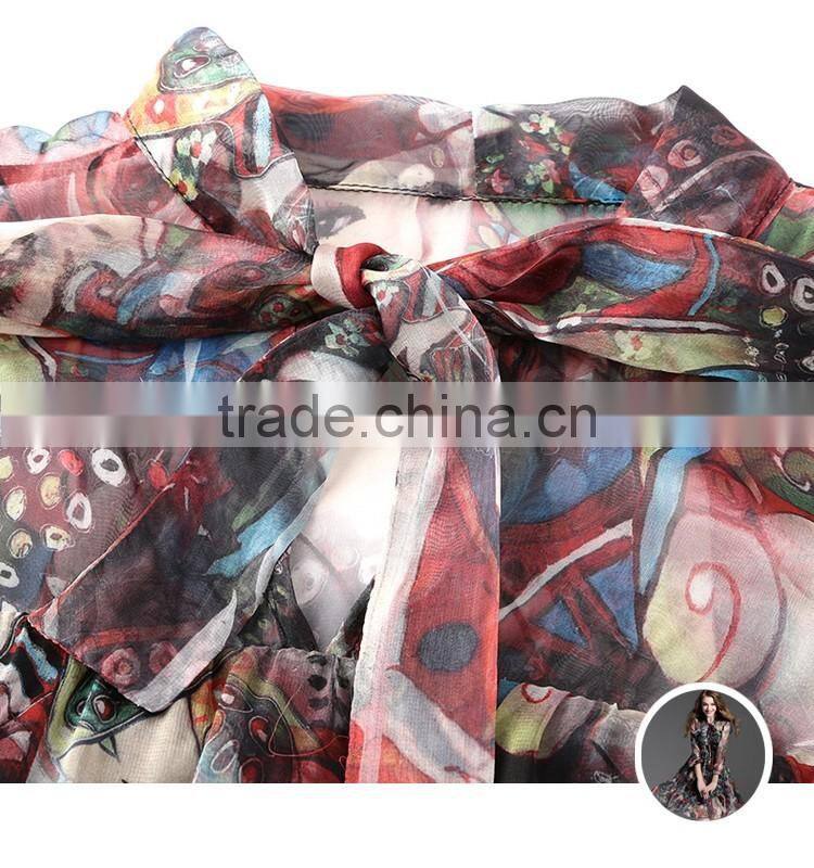 womens latest high quality printed chiffon traditional slim fitted dresses with bow