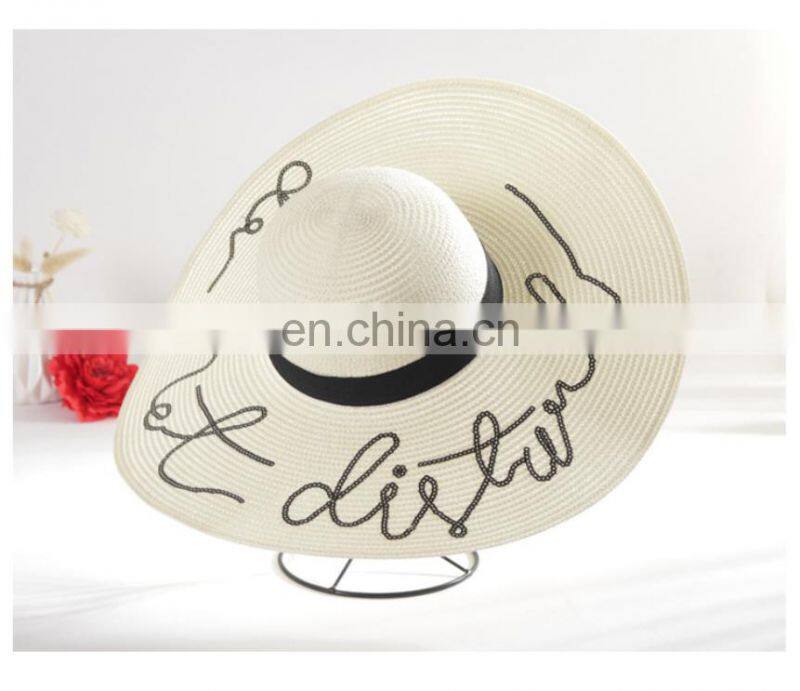Embroidery Letters Straw Hat Summer Sun Hat Large Brimmed Hat Beach Hat