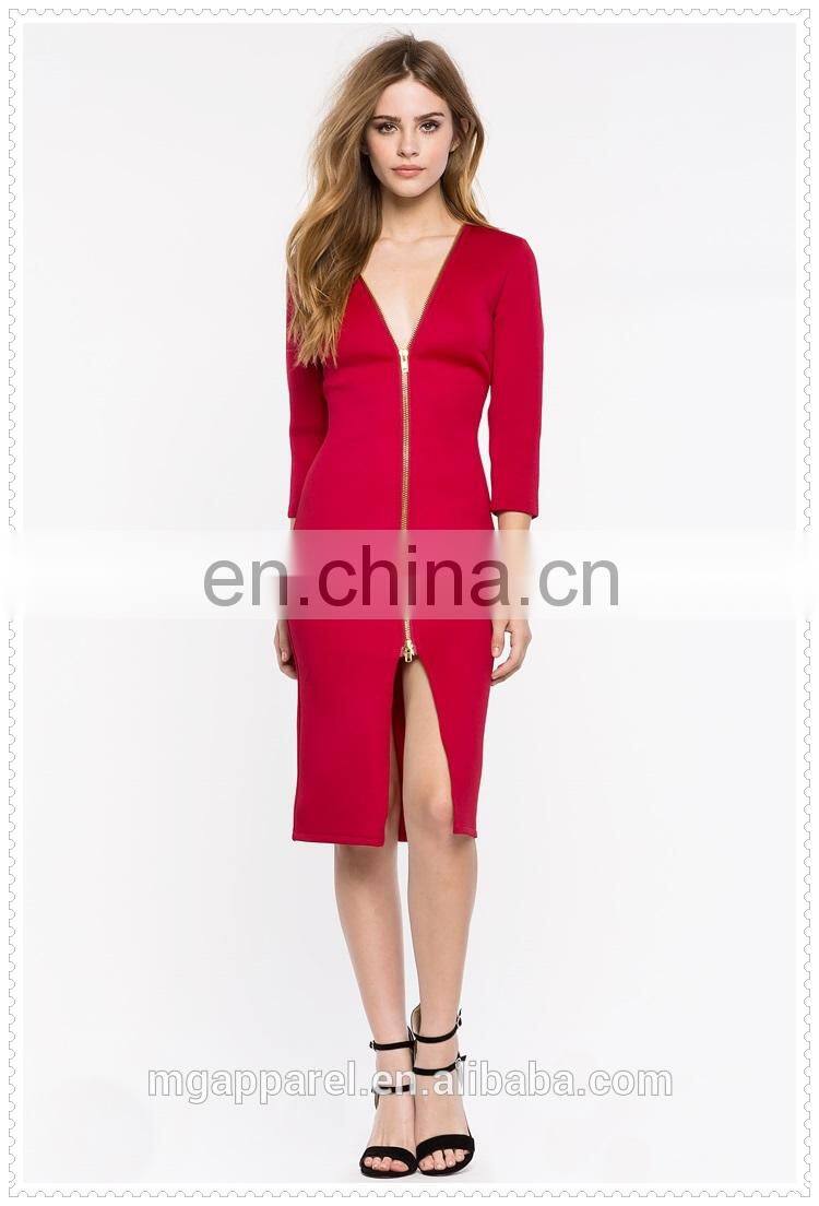 china fashion cheap sexy 3/4 sleeves zip front midi bodycon dress for women