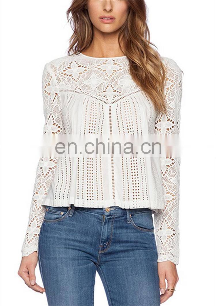 Fashion modeling long sleeve hollow-out white lace blouse, wholesale bohemian clothing burnout floral lace blouse for women