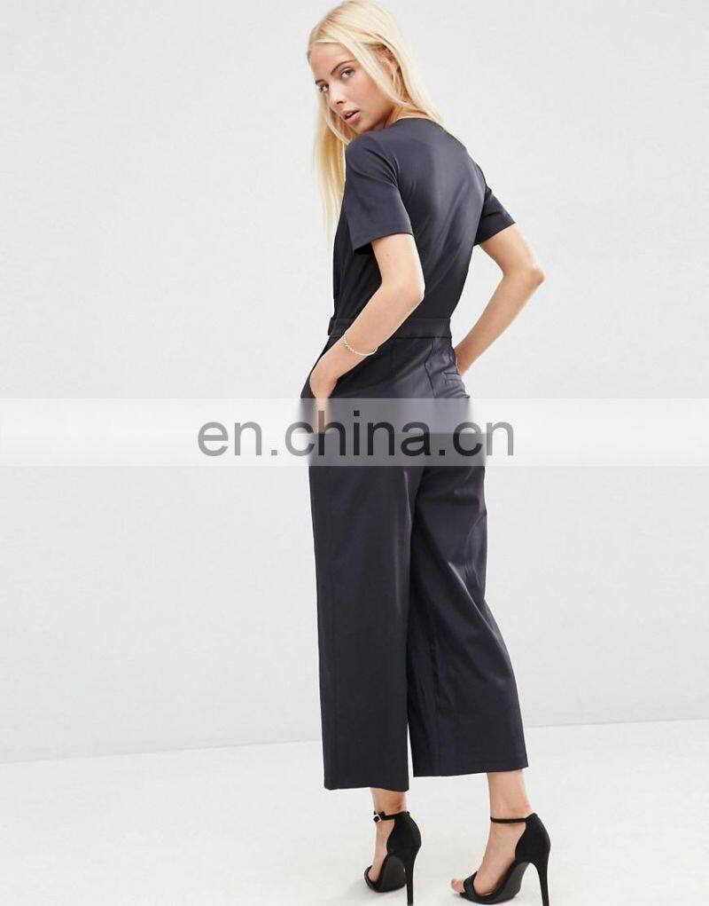 Fashion High Quality Short Sleeve V Neck Wrap Front Jumpsuit Uniform Women