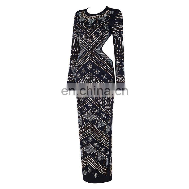 Latest Celebrity Design Women Elegant Long Sleeve Backless Evening Sequins Beaded Maxi Party Dresses