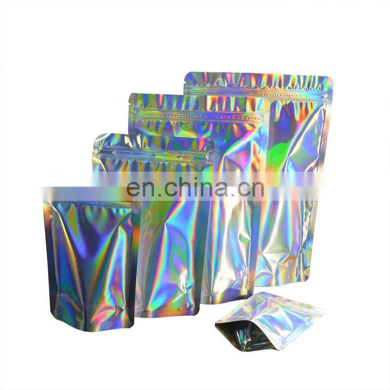 Low moq ready to ship mylar zipper transparent holographic glitter bags for makeup beauty sponge holographic packaging
