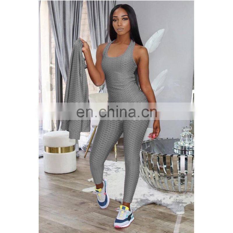 2021 New Fashion Plain Long Sleeve Jacquard 3 Piece Fall Sets Women Zipper Tracksuit Set
