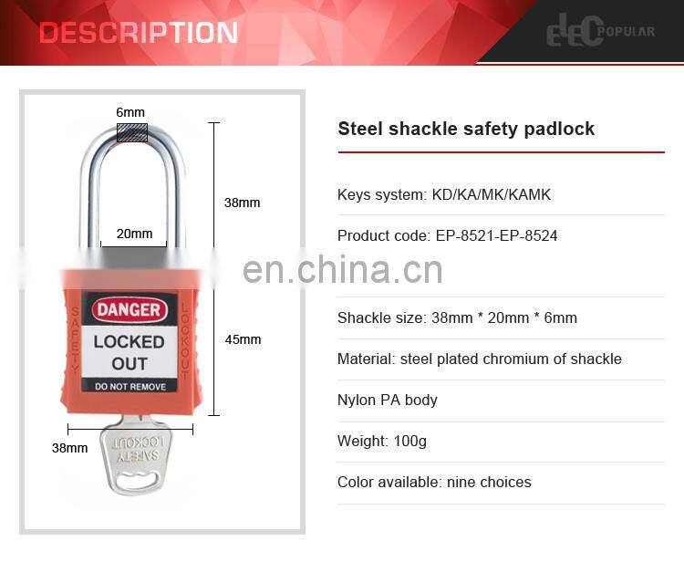 Various Sizes Stainless Steel Shackle Plastic Safety Padlock With Key