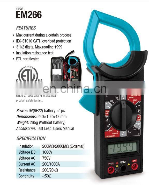 EM266 Digital Clamp Meter 3 1/2 digits LCD Display AC Current Measurement Up to 1000A Data Hold