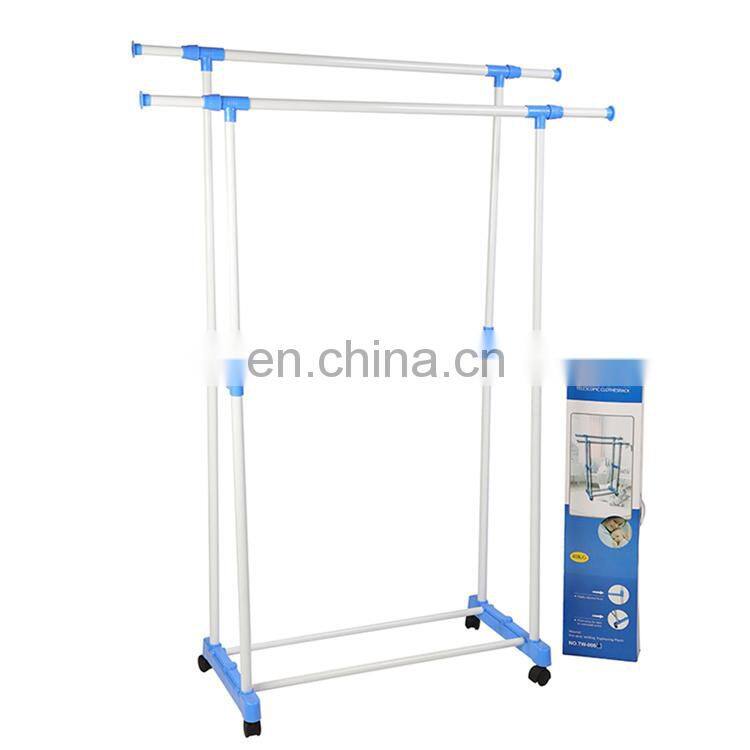 Telescopic sliding non punching clothes hanger iron double pole clothes hanger with wheels