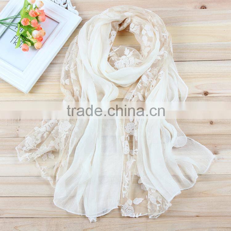 Korea Lady Fashion Flower Embroidery Double Layered Lace Chiffon Scarf