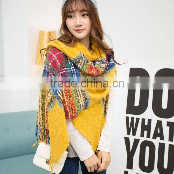 Winter Korean Lady Fashion Tassel Acrylic Plaid Cashmere Scarf Shawl