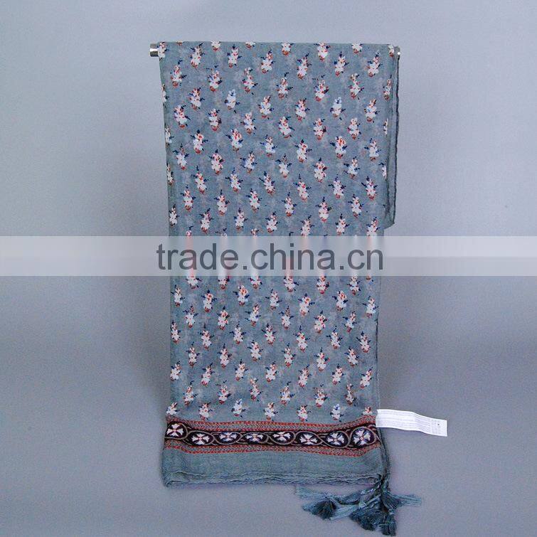 New Autumn Winter Wide Tassel Position Printed Floral Voile Scarf